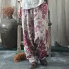 Johnature Kadınlar Vintage Sonbahar Çapraz Pantolon Baskı Çiçek Elastik Bel Pamuk Keten Pantolon Kadın Rahat Pantolon 210521