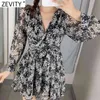 Kobiety Vintage V Neck Flises Puff Sleeve Floral Print Sashes Mini Dress Femme Golden Line Vestido Sukienki DS4829 210416