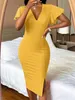 Mergulhando pescoço flutuar manga fenda hem bodycon vestido she01