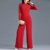 女性ジャンプスーツ秋赤いハイウエスト長袖シフォンエレガントな広い脚の夏のパーティーロンパースプラスサイズ3xl 4xl 210625