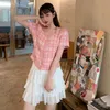 Verão Coreano Casual Mulheres Doce 2 Piece Sets Slow Sleeed Tweed Curto Tops + Chiffon Cake Saias 210531