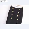 Zevity Women Vintage Dubbelbröst Design Svart Straight Midi Skirt Faldas Mujer Kvinna Back Zipper Split Vestidos QUN755 210621