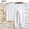 Survêtements pour hommes chemise pantalon 2021 mode d'été hommes blanc coton lin chemises à manches courtes homme survêtement ensemble 2 pièces2844