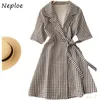 Neploe Vintage Plaid Arbeit Stil Ol Kleid Frauen Hohe Taille Hüfte Schärpen Eine Linie Schlanke Vestidos Drehen Unten Kragen Kurzarm robe 210423