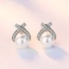 8mm / pièce Cross Design Sterling Silver Boucle d'oreille Stud Naturel Eaules d'eau douce Perles bijoux pour femmes perles Boucles d'oreilles de mariage S925 cadeau anniversaire