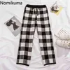 Nomikuma Spodnie kratowe Dzianiny Kobiety Vintage High Waist Proste Spodnie Kobiet Dorywczo Luźne Ciepłe Pantalones Długość kostki 3D232 210514