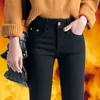 Vinter varm sammet förtjocka kvinnor höga midja skinny leggings Pocket fleece fodrade jeans termiska denim penna pants 210708