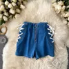 Design strap high waist slimming retro casual short jeans women fashion wild wide-leg shorts female cotton 210420