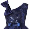 Tutú azul oscuro para niños, vestido de fiesta de princesa de cumpleaños para niñas, vestido elegante con lazo de encaje infantil para niñas, ropa para niñas Q0716