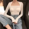 Womengaga Korea vår sommar topp Slim sexig tunna fyrkantig nacke temperament långärmad botten t-shirt kvinnor yt 210603