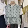 Sommar mode kvinna två styck set enkel o-nacke kortärmad vit t-shirt + chic polka dot gasbind söt båge mesh 210514