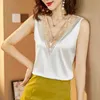 Korean Silk Women Blouses Tops Woman Satin Shirts Embroidery Lace V-neck Elastic 210520