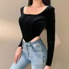 OMSJ Velluto a maniche lunghe Donna Elegante Slim Crop Top Autunno est Lady Square Collar Sexy Backless T Shirt Streetwear Tee Donna 210517