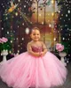 2021 Cute Pink Flower Girls Dresses Jewel Neck Illusion Crystal Beads Ball Gown Long Sweep Train Birthday Communion Children Littler Girl Pageant Gowns