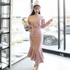 Vinter harajuku 2 stycke uppsättningar koreanska damer rosa långärmad toppar och stickning maxi kjol party kostym för kvinnor Kina kläder 210602