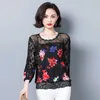 Moda Primavera Manga Longa Chiffon Imprimir Oco Lace Sexy Mulheres Tops e Blusas Preto Ladies Tops Feminino 8150 50 210527