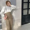 Retro plus storlek hög midja khaki bredben byxor kvinnor band vild löst avslappnad svart overall Capris mujer pantalones streetwear 210610