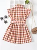 Toddler Girls Gingham Print Ruffle Trim Belted Shirt Klä henne