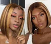 chica de moda rubia bob ámbar Medio Marrón punto medio Pelucas sintéticas Cabello de mujer Pelo corto recto con flequillo para mujeres negras j33