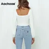 Боковая шкафа Drawstring Chic T Женщины Фонарь Рукава Стильные обрезанные Топы V Шея Сексуальная Вязаная Короткая рубашка Женский 210413