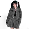 어두운 사이버 펑크 토템 자수 재킷 여성의 봄 옷깃 짧은 큰 크기 씻어 오래 된 회색 데님 코트 여성 210427