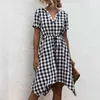 Summer Elegant casual Midi retro Dress Women Sexy short sleeve plaid dress women Irregular V-neck vestidos 210508