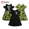 Sommar 3PCs Kid Girl School Tunika Camouflage Dress för 4-9y Short-Sleeve Bomull Kläder 210528