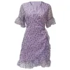 V neck Mini Dress Summer Short Beach Sundress Women Ruffled Floral Print Harajuku Cute Wrap Chiffon Boho Purple 210427