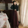 Yosimiツーピース衣装春の黒いフルスリーブブラウストップと縞模様のスカートセットスーツのロングシャツ女性210604