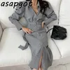 Chic Korean Temperament Office Lady Puff Long Sleeve Lapel Single Breasted Plaid Dress Women with Belt Pleated Retro Autumn 210610