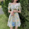 Casual Dresses Women Sweet Cute Dress Korean Style Fashion High Waist Lace Up Temperament Square Collar Floral Printed Summer