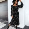 Printemps à manches longues floral Midi femme robe 2021 été mode col carré volants robes noires pour les femmes décontracté Vestidos X0521