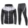 Homens Tracksuit definir dois pedaços conjunto de patchwork hoodies e calças casuais sapatos esportivos casuais corredores macho jogging ternos cinzento suor 210603