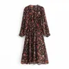 Vintage Floral Print Maxi Dress Femmes Robe Longue Boho Manches Avec Col En V Et Style Sexy 210421