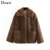 Winter Sonid Teddy Mulheres Casaco Casual Grosso Quente Fala Fala Jaqueta Pocket Polte Único Breasted Fleece Outwear Casacos 210515