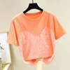 Tshirts Women Fashion Sequin Short Sleeve T-shirt Women's Tops Two-Piece O Neck Orange Sling Casual 61i 210420