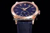 GRF Complications Annual Calendar 5396R A324CS Automatisk mens klocka Rose Gold Blue Dial Stick Markörer Moon Phase Leather Strap Super Edition Klockor Puretime H8