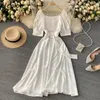 Neploe Square Collar Clavicle Exposed Sexy Dress Women High Waist Hip Sashes A Line Vestidos Short Sleeve Summer Solid Robe Slim 210423