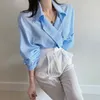 Yaz Sonbahar V Yaka Gevşek Kadın Bluz Nazik Chic Cepler Çizgili Kadın Gömlek Zarif Bayanlar Blusas Mujer 12375 Tops 210521