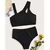 Damskie stroje kąpielowe Dwuczęściowe kobiety Swimsuit Seksowna Wysoka Talia Bandau Bandaż Halter Czarny Solidny Kolor Bikinis Zestaw Maillot de Bain Femme Unes Piè