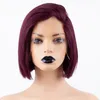 Fashion Brésilien Full Lace Front Wig Short Bob Wigs for Black Femmes Bourgogne Couleur synthétique Hair résistant à la chaleur 150 densité