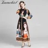Runway Character Oil Painting Print Dames Lantaarn Long Mouw Turn Down Collar Empire Vintage Party Holiday Jurk 210416