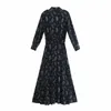 Dress Woman Black Printed Midi Women Lapel Collar Long Sleeves Fashion Tied Belt Button-up Casual Laddies es 210519