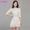 Ldyrwqy Verão Estilo coreano Stand-up Collar Three-Quarter Sleeves Ver-se Lace Top + Saia Slim Two-Peça Suit 210416