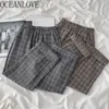 Calças xadrez mulheres vintage elástico alta cintura outono inverno pantalones de mujer ins calças casuais 18853 210415