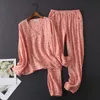 Японский стиль весны и осенью женские 100% хлопок креп с длинными рукавами брюки Pajamas удобный дом носить пижама набор женщин 210830