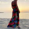 Kwiatowy Maxi Sukienka Kobiety Lato Spaghetti Pasek Backless Beach Sundress Bohemian Party Dresses Dla Kobiet Czarna Długa Dress Vestido 210419