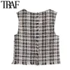 Traf Women Fashion with Frayed Trim Tweed Check Waistcoat Vintage Square Collar Sleeveless Female Vest Coat Chic Tops 210415