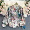 Zomer stijl verticale textuur temperament vestidos vrouwelijke chiffon retro lantaarn mouw blusa luie bloem shirt GK148 210506