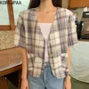 Korejpaa Dames Jassen Zomer Koreaans Chic Retro V-hals Drie Knoppen Losse Casual Veelzijdige Dubbele Pocket Plaid Korte Jas 210526